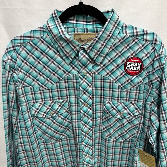 Wrangler Western Shirt Turquoise Plaid Snap Front Long Sleeve Men’s Large Cowboy - Picture 4 of 16